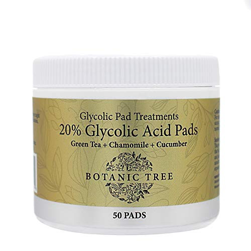 Botanic Tree 20 percent Resurfacing Glycolic Acid Pads - Exfoliating AHA Peel Face Pad Set for Face with 100 percent Organic Green Tea Chamomile Extracts - Facial Cleansing Wipes for Acne Scars Wrinkles Pores.