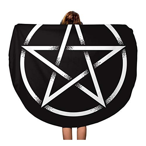 Semtomn 60 Inches Round Beach Towel Blanket Pentagram Pentalpha Pentangle Dot Work Ancient Pagan Symbol Travel Circle Circular Towels Mat Tapestry Beach Throw