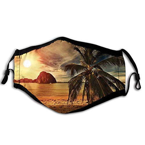 Comfortable Windproof mask Tropical Exotic Beach with Coconut Palm Tree and Horizon Sunset Calm Panorama Orange and Olive Green Printed Facial decorations for Adult