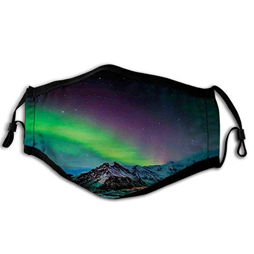 Comfortable Windproof mask Aurora Borealis Southern Iceland on Sky Over Rocky Hills Wild Night View Lime Green Dark Blue Violet Printed Facial decorations for Adult
