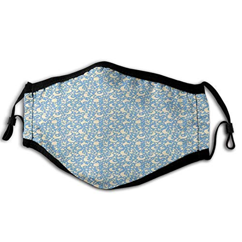Comfortable Windproof mask Moon Retro Stars and Moons in Different Phases Scattered on Pale Blue Backdrop Pale Blue Pale Yellow Printed Facial decorations for Adult