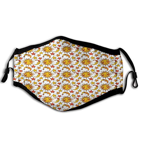 Printed Activated Carbon maskSunNursery Themed Repetitive Pattern with Sun Moon and StarsEarth Yellow Orange Burnt Sienna WhiteFacial decorations for adults Seniors