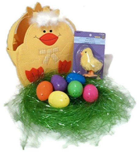 Easter Bag Bundle for Children Your Choice of Chick and Bunny Felt Design Easter Egg Basket with Green Grass, 6 Fillable Plastic Eggs and a Wind-Up Hopping Chicken Toy for Easter Egg Hunt (Yellow)