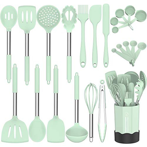 Silicone Cooking Utensil Set Fungun Non-stick Kitchen Utensil 24 Pcs Cooking Utensils Set Heat Resistant Cookware Silicone Kitchen Tools Gift with Stainless Steel Handle -Green-24pcs-