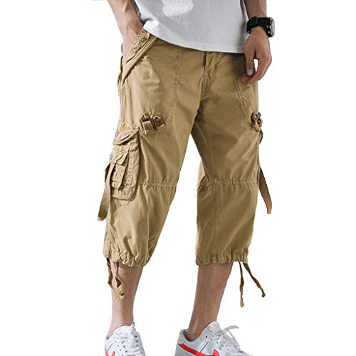 AOYOG Mens Cargo Shorts 3/4 Relaxed Fit Below Knee Capri Cargo Pants Cotton Khaki AOYOG Mens Cargo Shorts 3/4 Relaxed Fit Below Knee Capri Cargo Pants Cotton Khaki
