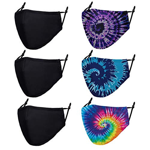 6 PCS Cloth Face Masks Washable Reusable - Adjustable Cotton Masks Printed Mask Unisex Adult for Women and Men - Tie Dye Black