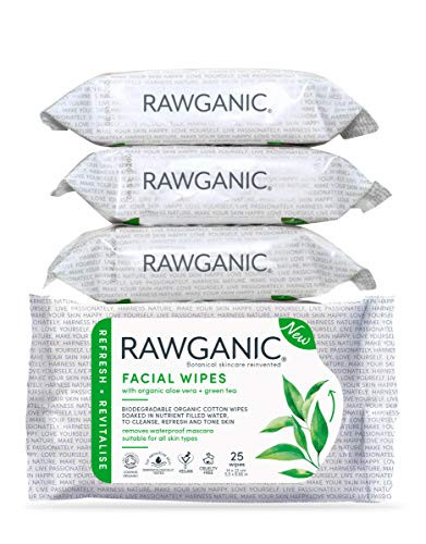 RAWGANIC Refreshing Facial Wipes - Fragrance-free Biodegradable Organic Cotton Wipes with Aloe Vera and Green Tea - 4 Packs of 25 -100 wipes-