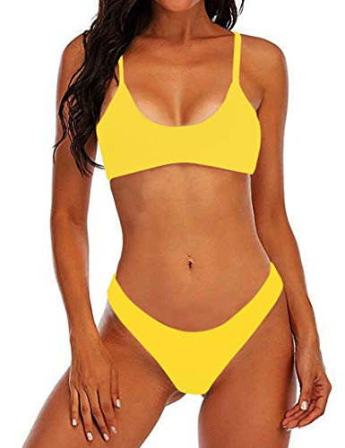 Suvimuga Womens Sexy Thong Bikini Swimsuit Scoop Neck Padded Push up Brazilian Bikini Set Yellow M