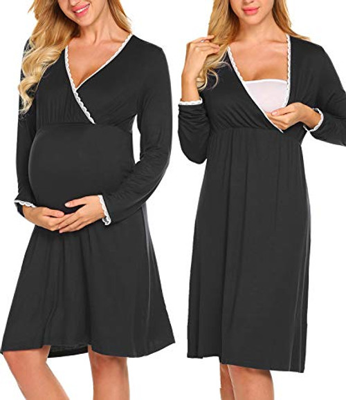Ekouaer Womens Delivery/Labor/Maternity/Nursing Nightgown Pregnancy Gown for Hospital Breastfeeding Dress -Black L- Ekouaer Womens Delivery/Labor/Maternity/Nursing Nightgown Pregnancy Gown for Hospital Breastfeeding Dress -Black L-