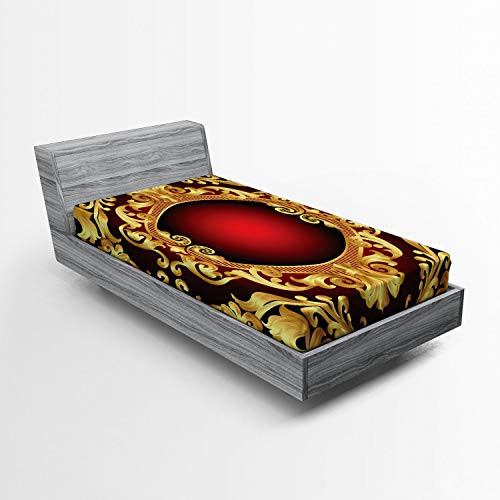 Ambesonne Yellow Damask Fitted Sheet Graphic Image Baroque Inspired Curvy Frame Background Soft Decorative Fabric Bedding All-Round Elastic Pocket Twin Size Earth Yellow Burgundy and Black