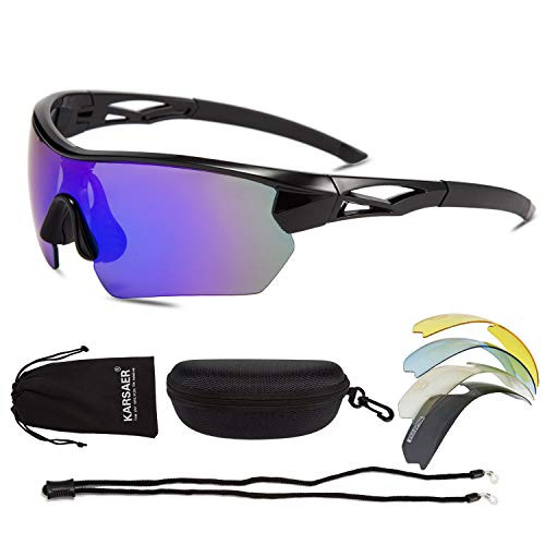 Karsaer Polarized Sports Sunglasses Cycling Glasses with 4 Interchangeable Lenses for Men Women Mountain Biking Running Driving Golf Baseball Glasses