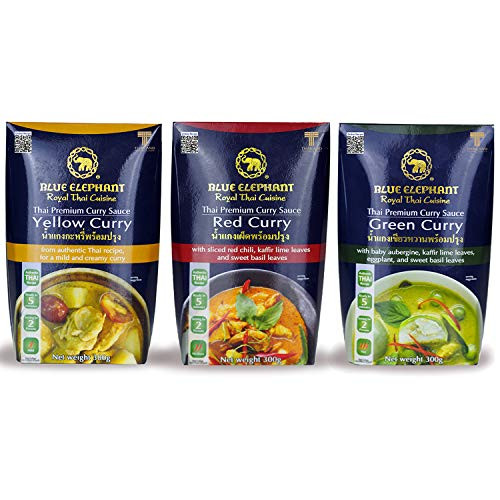 Red Yellow Green Curry Sauce - Blue Elephant Royal Thai Cuisine Premium Thai Curry Sauce - Authentic Ingredients for Quick and Easy Meals at Home - 10.6oz -Assorted 3-Pack-