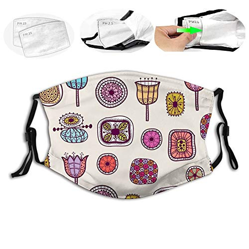 Abstract Shapes with Retro Inspired Colors Flowers Squares Circles Hand Drawn ArtFace Mask Reusable Washable Masks Cloth for Men and Women