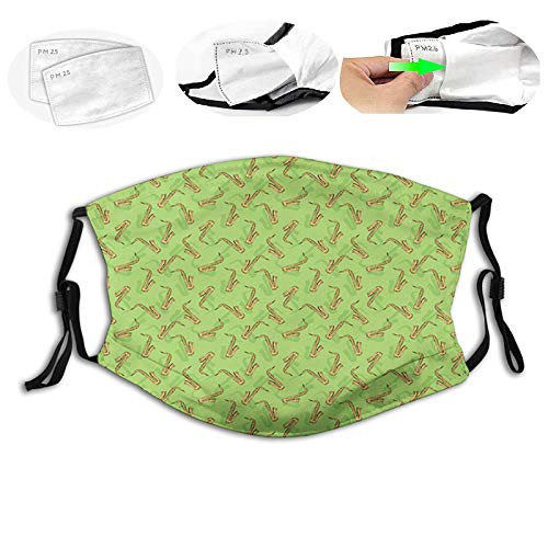 personality mask Windproof Breathable Mouth CoverHand Drawn Style Saxophone Instruments on Green Background OrchestraHalf Face Mouth Mask Breathable Mouth Muffle For Travel Outdoor
