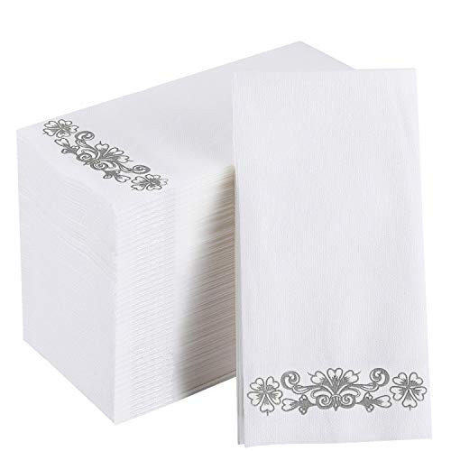 200 Disposable Guest Towels Decorative Bathroom Napkins Soft and Absorbent Linen-Feel Paper Hand Towels for Kitchen Bathroom Parties Weddings Dinners or Events Silver