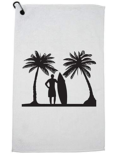 Hollywood Thread Classic Surfing Scene Surfer with Surfboard Palm Trees Sports Towel with Carabiner Clip
