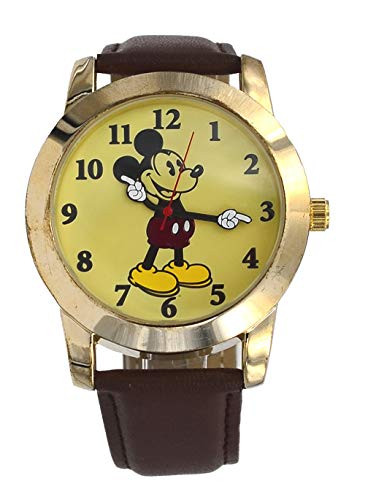 Disney MK1448 Mens Classic Gold Tone Brown Strap Mickey Mouse Hands Analog Watch