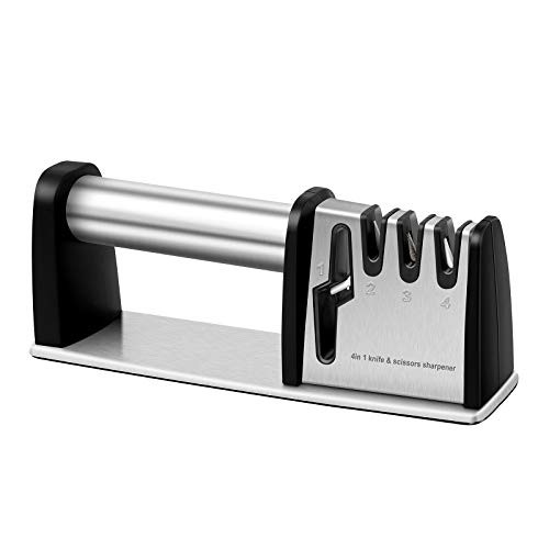 Knife Sharpener 4 in 1 Kitchen Blade and Scissor Sharpening Tool Professional Chefs Kitchen Knife Accessories and Microfiber Wipe Knife Sharpener 4 in 1 Kitchen Blade and Scissor Sharpening Tool Professional Chefs Kitchen Knife Accessories and Microfiber Wipe