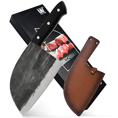 XYJ Full Tang Butcher Knife Handmade Forged Kitchen Chef Knife High Carbon Clad Steel Butcher Cleaver with Leather Knife Sheath XYJ Full Tang Butcher Knife Handmade Forged Kitchen Chef Knife High Carbon Clad Steel Butcher Cleaver with Leather Knife Sheath