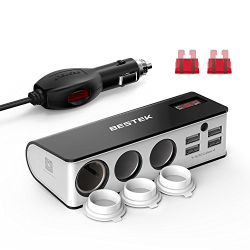 BESTEK 3-Socket Cigarette Lighter Adapter 12V/24V 200W DC Cigarette Lighter Splitter Power Adapter with 6A 4-Port Car Power Adapter Splitter for GPS Dashcam with Replace Fuse