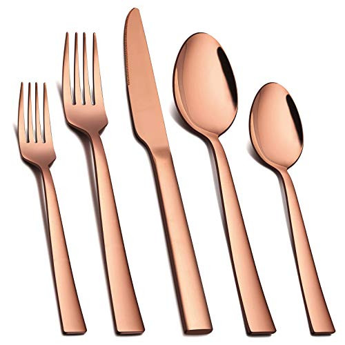 Homikit 20-Piece Copper Silverware Flatware Set Stainless Steel Square Cutlery Set for 4 Eating Utensils Tableware Include Knife Spoon Fork Dishwasher Safe