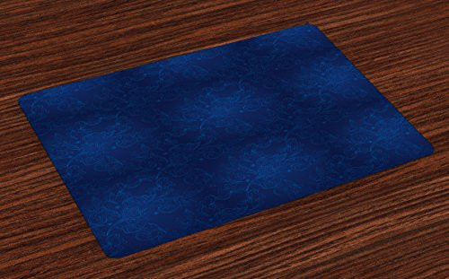 Lunarable Royal Blue Place Mats Set of 4 Vintage Floral Classic Swirls Traditional Model Effects Rococo Design Washable Fabric Placemats for Dining Table Standard Size Navy Blue