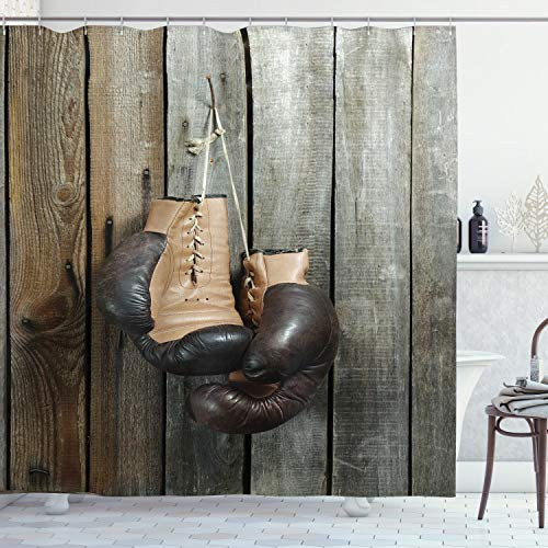 Ambesonne Vintage Shower Curtain Vintage Boxing Gloves on The Old Wooden Background Antique Equipment Photo Art Print Cloth Fabric Bathroom Decor Set with Hooks 75 inch Long Brown