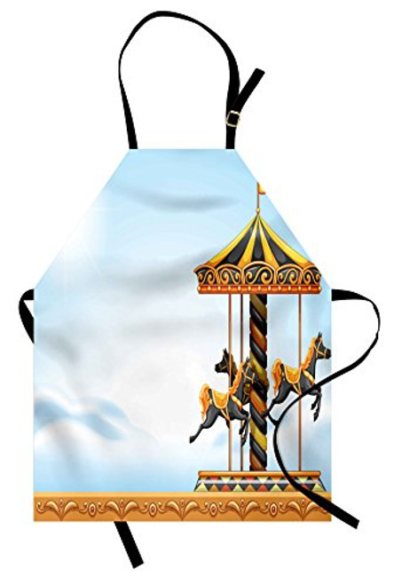 Lunarable Outdoor Apron Carousel Ride Amusement Park Platform Carnival Circus Horse Roundabout Unisex Kitchen Bib with Adjustable Neck for Cooking Gardening Adult Size Blue Yellow