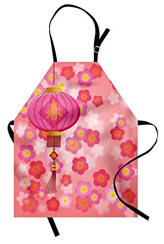 Ambesonne Lantern Apron Chinese New Year Theme Cherry Blossom Auspicious Celebration Print Unisex Kitchen Bib Apron with Adjustable Neck for Cooking Baking Gardening Pale Pink Yellow