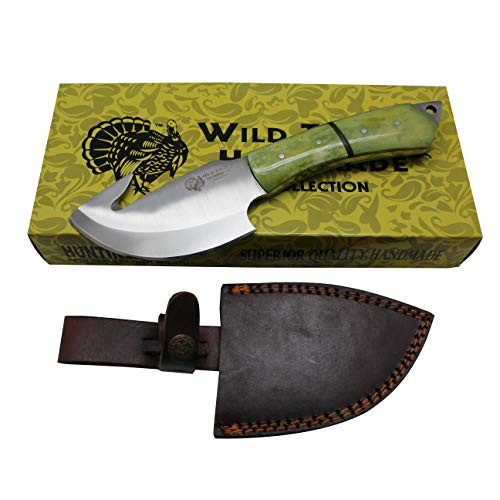 Wild Turkey Handmade Collection Full Tang Fixed Blade Gut Hook Skinner Knife w/Leather Sheath -Green-Bone-