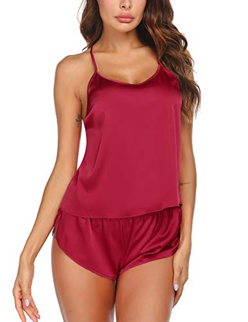 Ekouaer Pajamas Set Sexy Sleepwear Womens Silk Lingerie Sexy Back 2 Piece Satin Cami Shorts Set PJS Wine Red Ekouaer Pajamas Set Sexy Sleepwear Womens Silk Lingerie Sexy Back 2 Piece Satin Cami Shorts Set PJS Wine Red