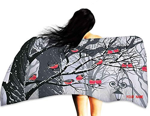 Customize Bath Towel Apartment Decor Bath Sheet Bullfinches on Trees in Winter City Park Snow Cold Weather Immigrant Birds Design Premium Quality Bath Sheet 23.6 inch W x 51.1 inch L Black Grey Red