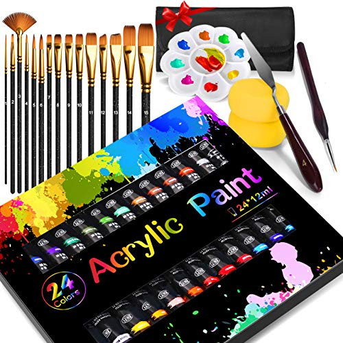 Acrylic Paint Set Emooqi 45 Piece Professional Painting Supplies Set Includes 24 Acrylic Paints 16 Painting Brushes with Bag  Paint Knife Art Sponge and Paint Palette  Arts Crafts Supplies