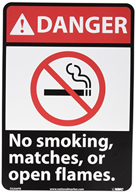 NMC DGA6PB DANGER - No smoking, matches or open flames Sign - 10 in. x 14 in., Red/Black Text on White, PS Vinyl Danger Sign with Graphic