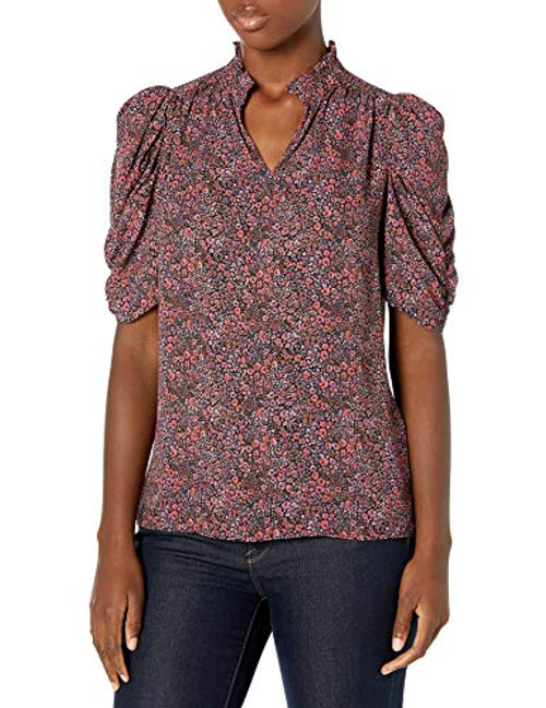 Amazon Brand - Lark  and  Ro Womens Georgette Half Sleeve Ruffle Neck Woven Blouse BOUQUET FLORAL Small