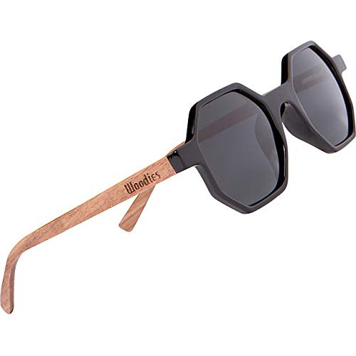 WOODIES Polarized Walnut Wood Hexagon Sunglasses for Men and Women - Black Polarized Lenses and Real Wooden Frame - 100 percent UVA/UVB Ray Protection