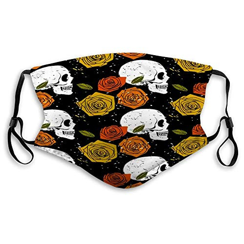 Fillter Face Cloth For Unisex adult Orange Side Skull And Colorful Rose In Grunge Cold Mouth Dustproof Double Protection