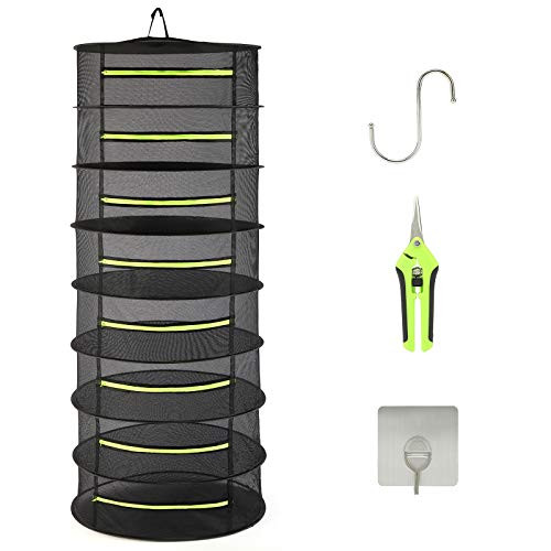 Herb Drying Rack Net 8 Layer Black Mesh Drying Rack Hanging Drying net with Pruning Shears for Hydroponics -D24xH59.84inch-