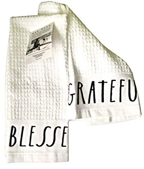 Rae Dunn Kitchen Towel Set Embroidered Blessed  and  Grateful- 100 percent Cotton with Waffle Weave Pattern