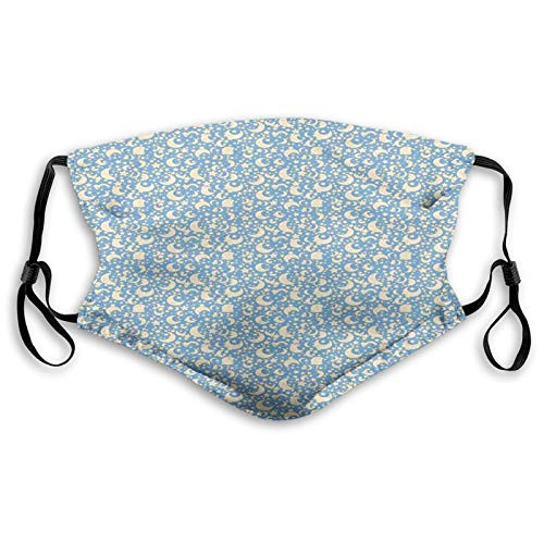 Outdoor Windproof Mask Moon Retro Stars and Moons in Different Phases Scattered on Pale Blue Backdrop Pale Blue Pale Yellow Printed Facial Decorations For Teens Child