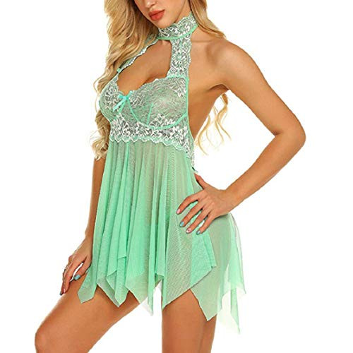 Women Sexy Lingerie Lace Babydoll Floral Lace Low Cut Mini Nightdress Mesh Chemise V Neck Sleepwear with G-String Green