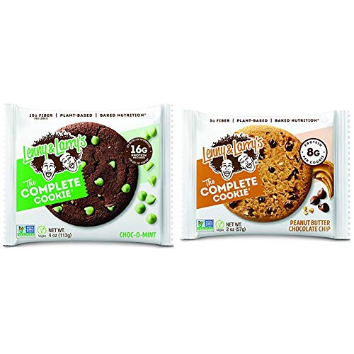 Lenny  and  Larrys The Complete Cookie Choco-O-Mint 16g Plant Protein 4 Ounce Cookie -Pack of 12-  and  The Complete Cookie Peanut Butter Chocolate Chip 2 Ounce Cookies - 12 Count