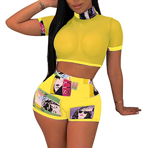 Womens Sexy Two Piece Outfits - Mesh See Through Crop Top Print Short Pants Set Bodycon Jumpsuit Rompers Yellow S