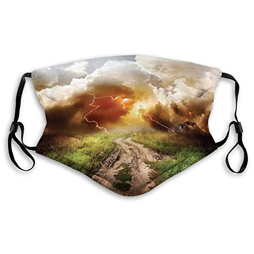 Face Mask Reusable Washable Masks Cloth for Men and Women Dazzling Big Rain Cloud Over Earth Path Road Countryside Fie