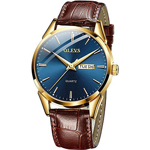 Business Leather Men Watches-OLEVS Analog Quartz Male Dress Week Date Classic Luminous Blue Face Dial Brown Leather Strap 3ATM Waterproof Wristwatch Lovers