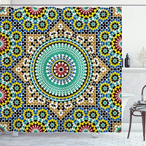 Ambesonne Moroccan Shower Curtain Architectural Glaze Wall Tile Ceramic Historical Traveling Destinations Cloth Fabric Bathroom Decor Set with Hooks 75 inch Long Khaki Blue