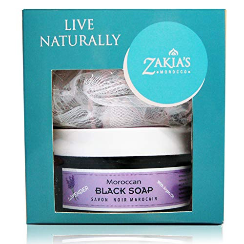 8 oz Moroccan Black Soap -Luscious Lavender Scent with Added Argan Oil Plus Kessa Exfoliating Glove