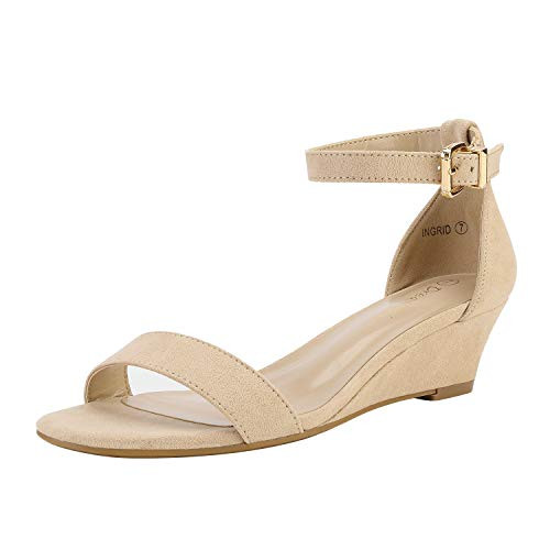 DREAM PAIRS Womens Ingrid Nude Suede Ankle Strap Low Wedge Sandals Size 6.5 M US