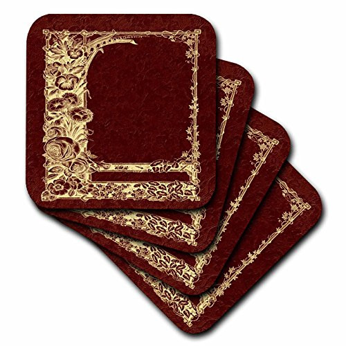 3dRose CST_54081_3 Yellow Floral Trellis Design in Negative on a Burgundy Damask Background Ceramic Tile Coasters Set of 4