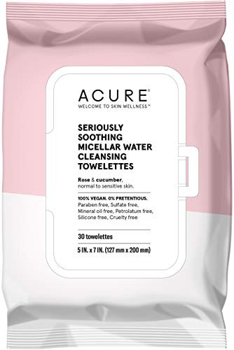 ACURE Seriously Soothing Micellar Water Towelettes - 100 percent Vegan - For Dry to Sensitive Skin - Rose  and  Cucumber - Gently Removes Makeup and Cleanses - Simply Wipe  and  Go - 3 Pack